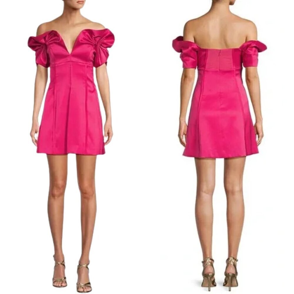 Nwt Antonio Melani Adina Textured Satin V Neck Puff Sleeve Mini Dress Pink Punch